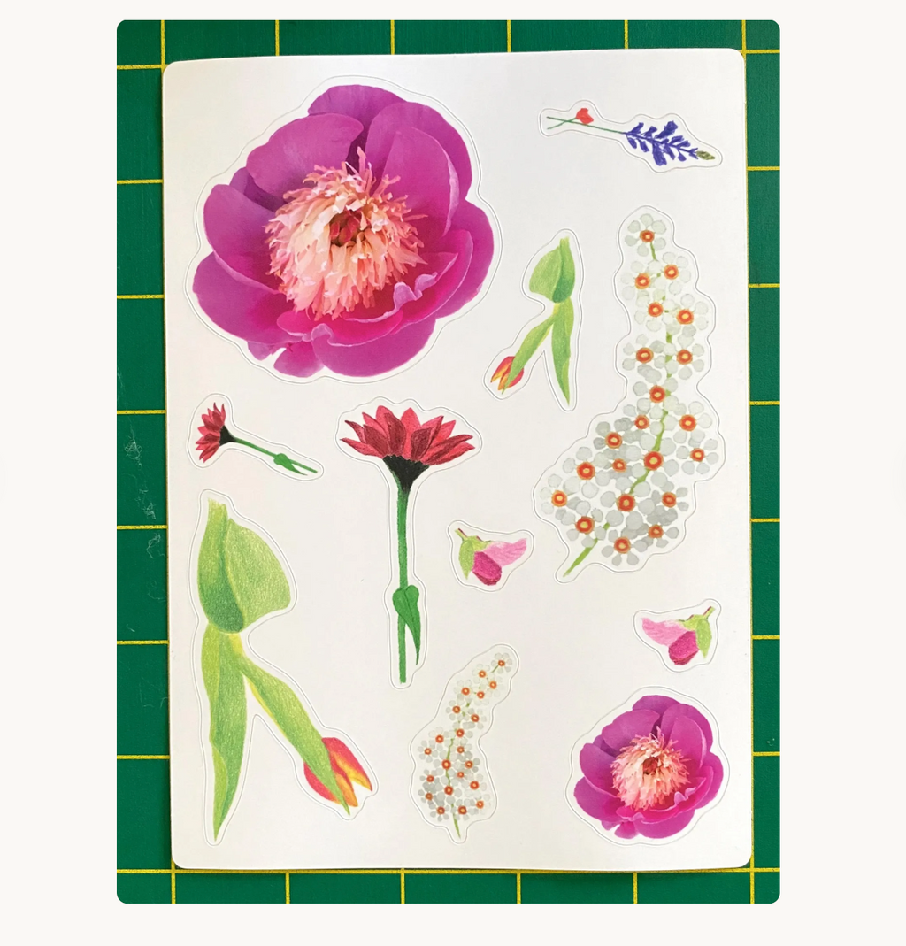 Flower Sticker Sheet: Peony, Tulip, Chokecherry, Wildflowers, Gerbera Daisy, Sweet Pea Bud