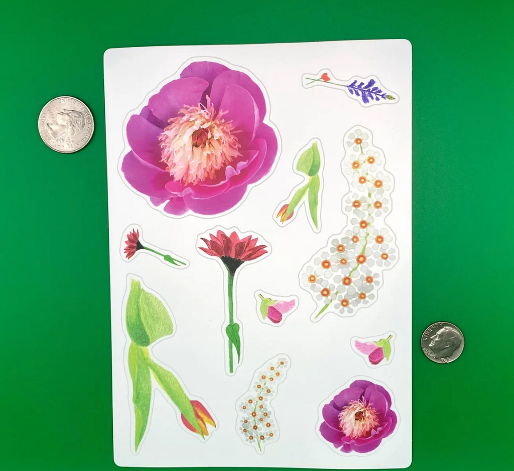 Flower Sticker Sheet: Peony, Tulip, Chokecherry, Wildflowers, Gerbera Daisy, Sweet Pea Bud