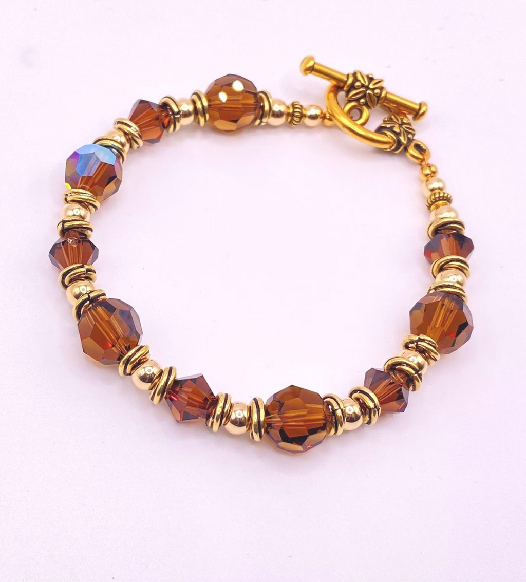 Brown Topaz Swarovski Crystal & Gold Filled Bead Bracelet