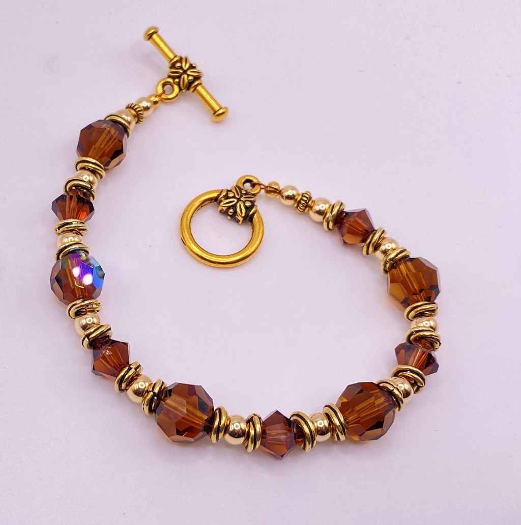 Brown Topaz Swarovski Crystal & Gold Filled Bead Bracelet