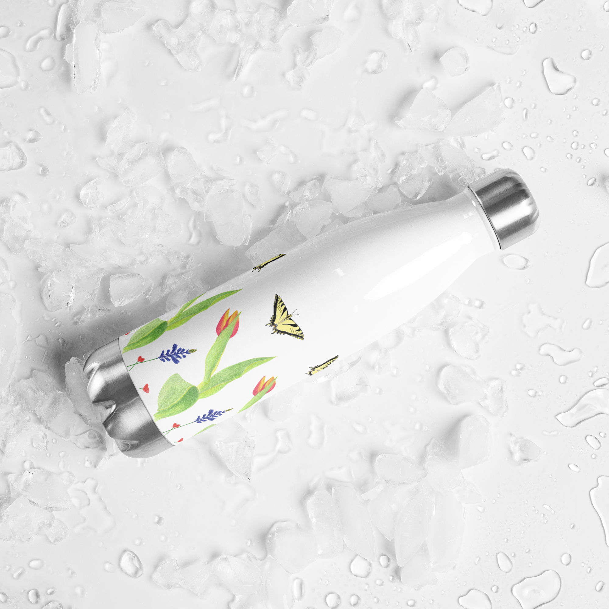 Tulips and Butterflies Stainless Steel Water Bottle